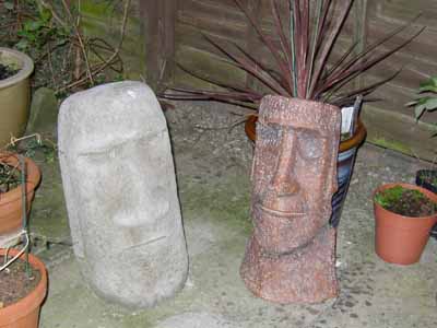 Chris's two Moai (Easter Island head sculptures. ) They're each about 45 Cm high.