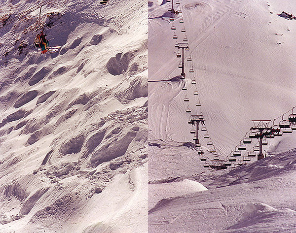 Two views of The Wall, one of Europe's most intimidating pistes